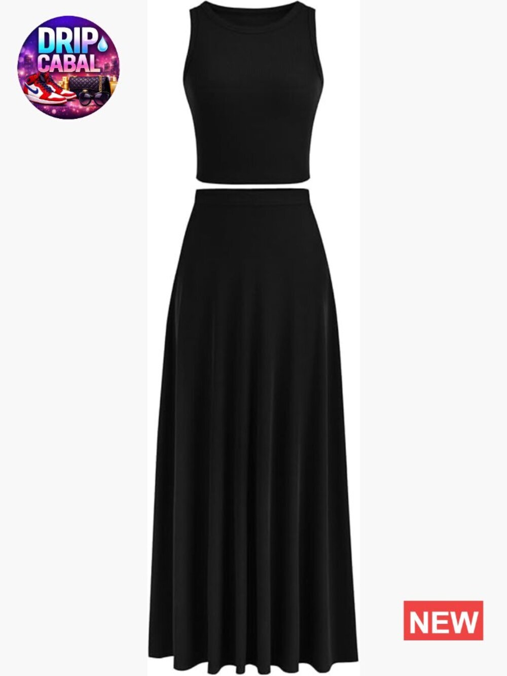 2 Piece Maxi Skirt Set with Knit Crop Top, High Waisted Long Skirt